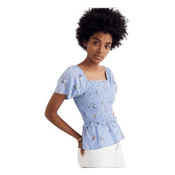 Madewell Tops - Madewell‎ Blue Aloha Floral Print Top Smocked Flutter Sleeve Cropped XXS